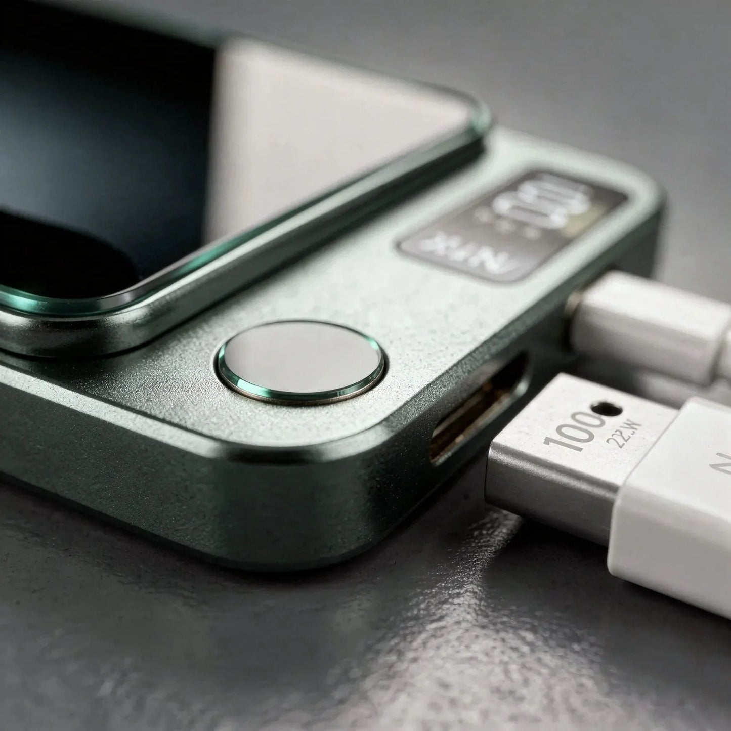 Close-up of the power button on the MagBoost EverCharge 20K magnetic powerbank.