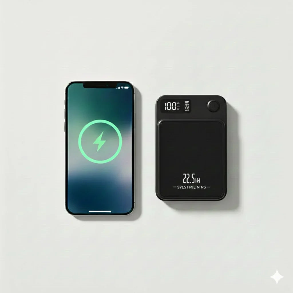 MagBoost EverCharge 20K size comparison to phone showing compact dimensions.