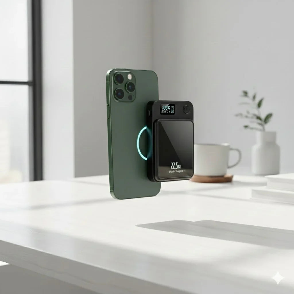 MagBoost EverCharge 20K hovering over a clean desk in a minimal Apple-style workspace.
