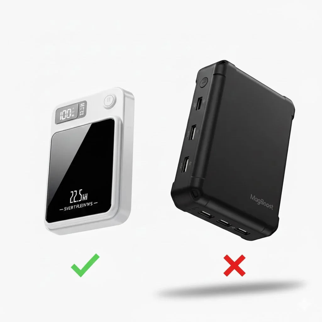 Comparison between MagBoost EverCharge 20K and a bulky generic powerbank highlighting size and performance advantages.